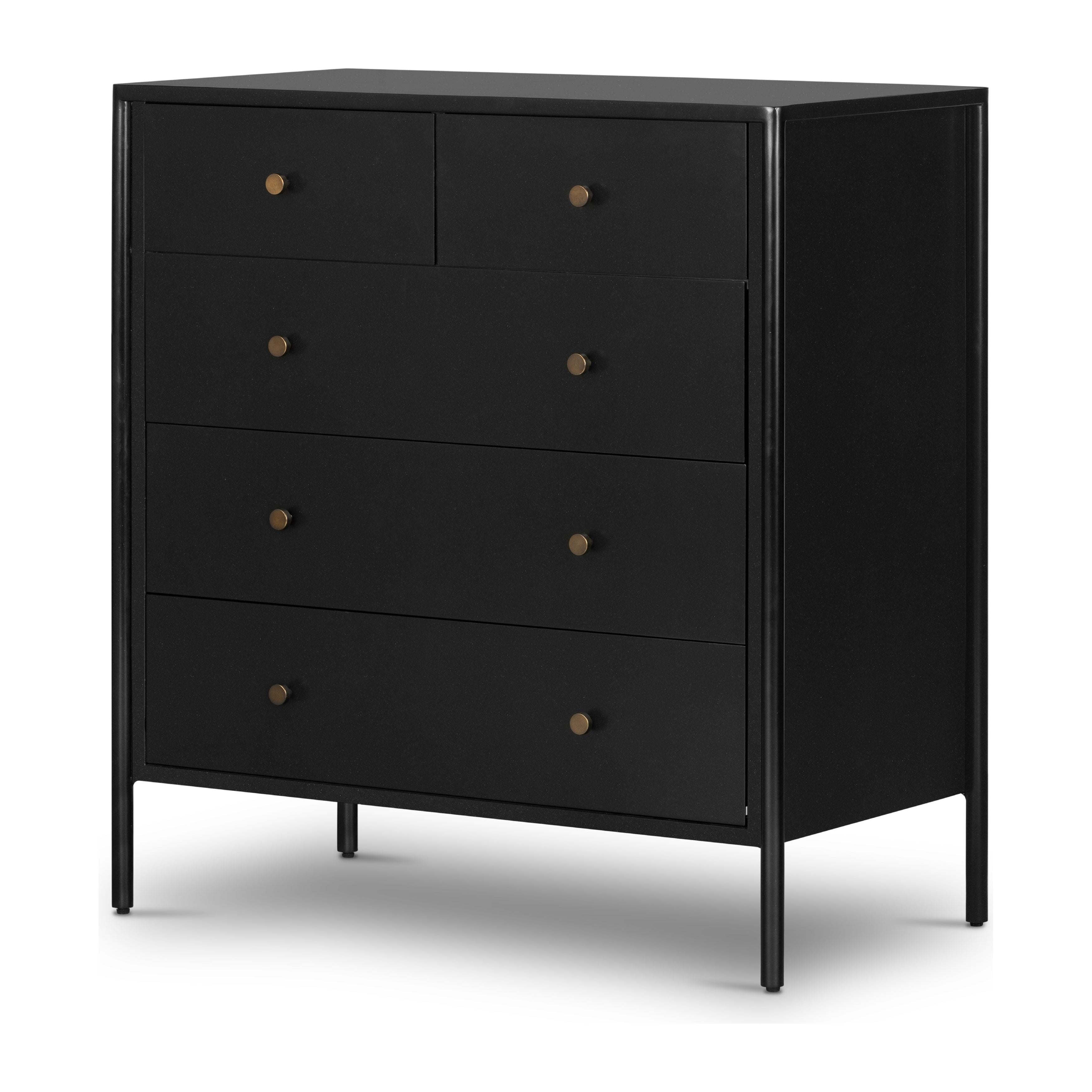 Bring a clean, beautifully industrial look to the bedroom with this Soto 5 Drawer Dresser - Black!  The roomy five-drawer dresser is made from black-finished iron, featuring bronzed iron hardware to elevate the look of any bedroom!  Overall Dimensions: 36.00"w x 19.00"d x 38.50"h