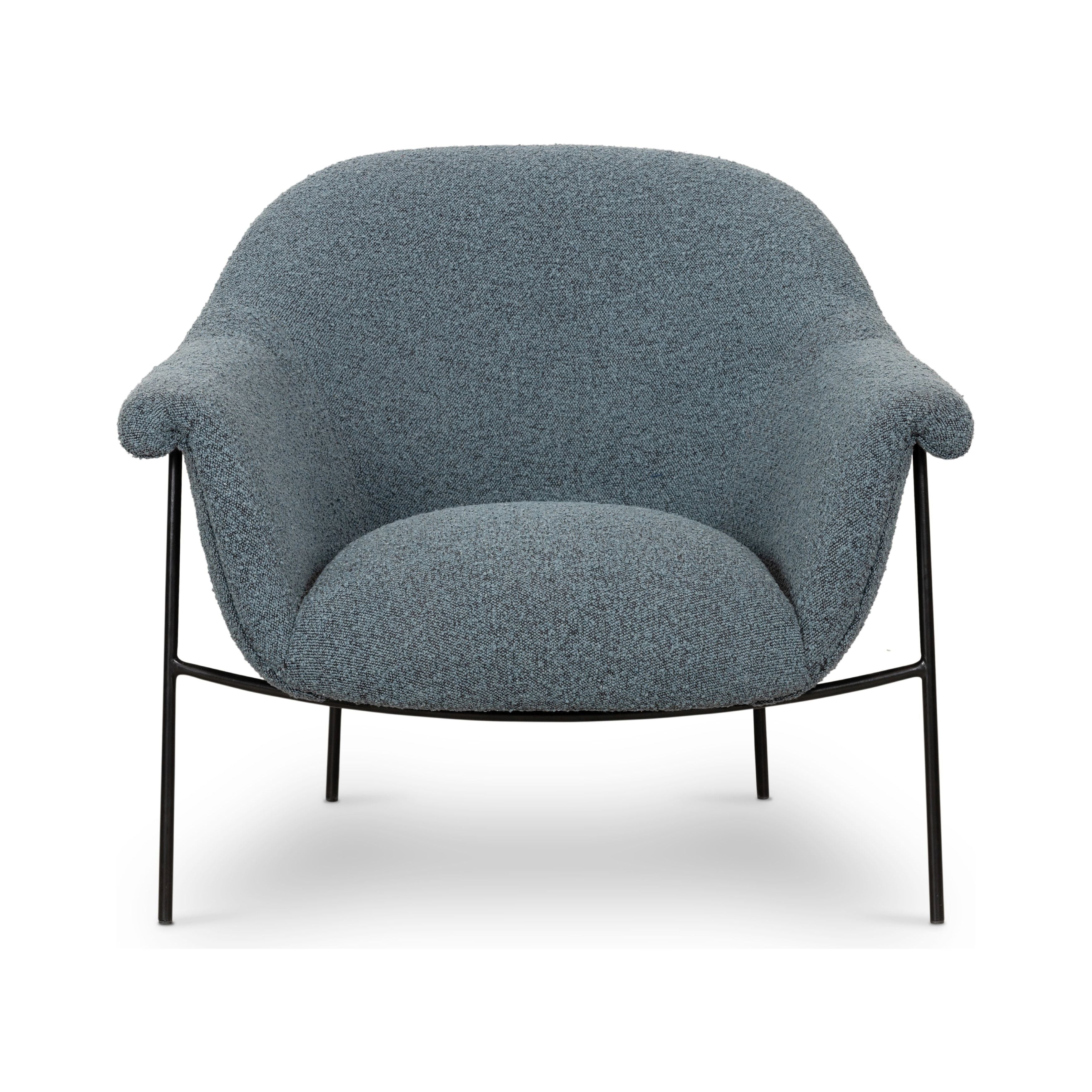 We love the curvy silhouette and classic rolled arms of this Suerte Chair - Knoll Sky. Sky-blue boucle lends a fresh feel to vintage-inspired accent seating for any living room, office, or other area.   Overall Dimensions: 35.00"w x 33.50"d x 31.00"h