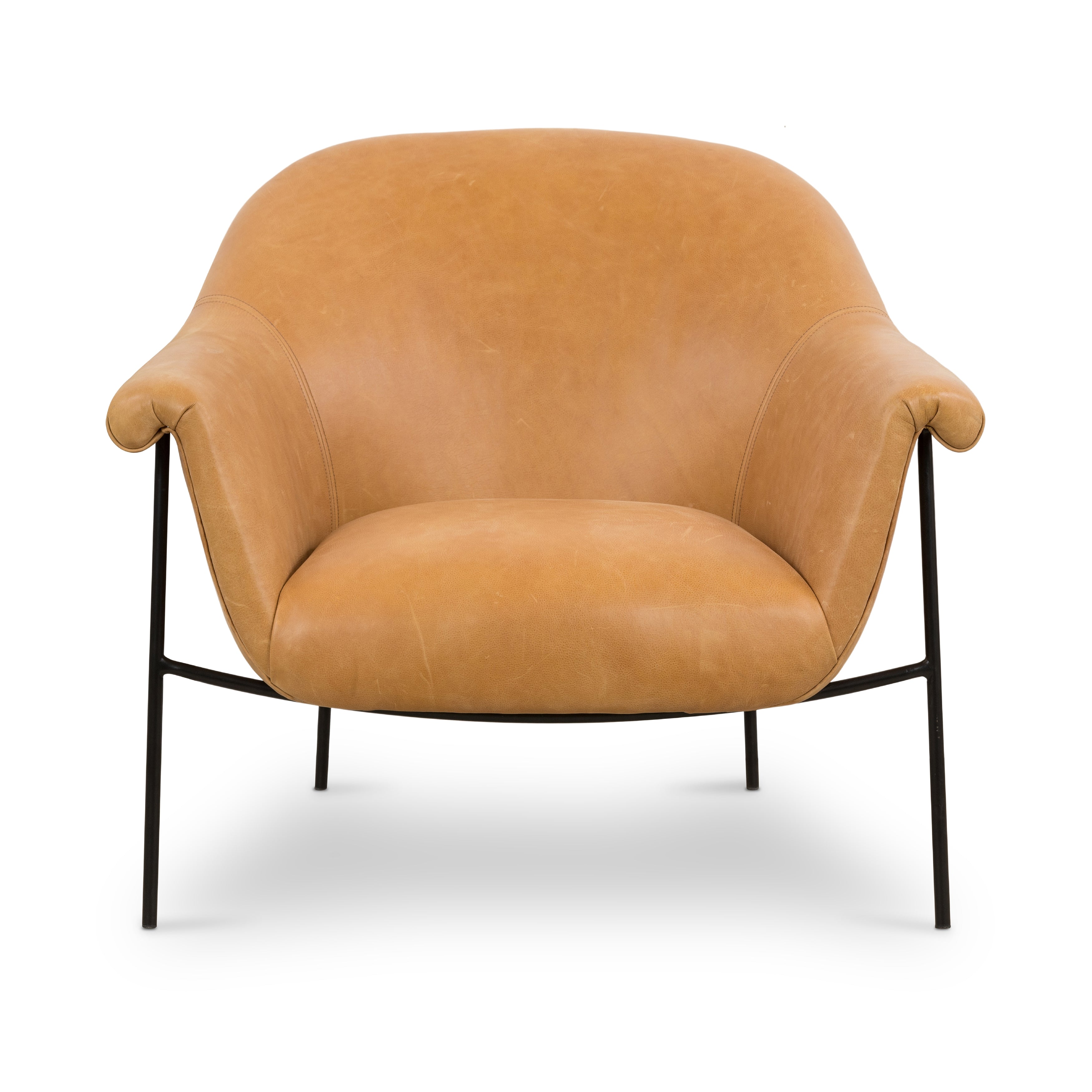 With a curvy silhouette and classic rolled arms, this Suerte Chair - Palermo Butterscotch has butterscotch leather that lends a fresh feel to vintage-inspired accent seating. The airy iron cradle base brings a beautiful balance of scale to any living room or office!  Overall Dimensions: 35.00"w x 33.50"d x 31.00"h