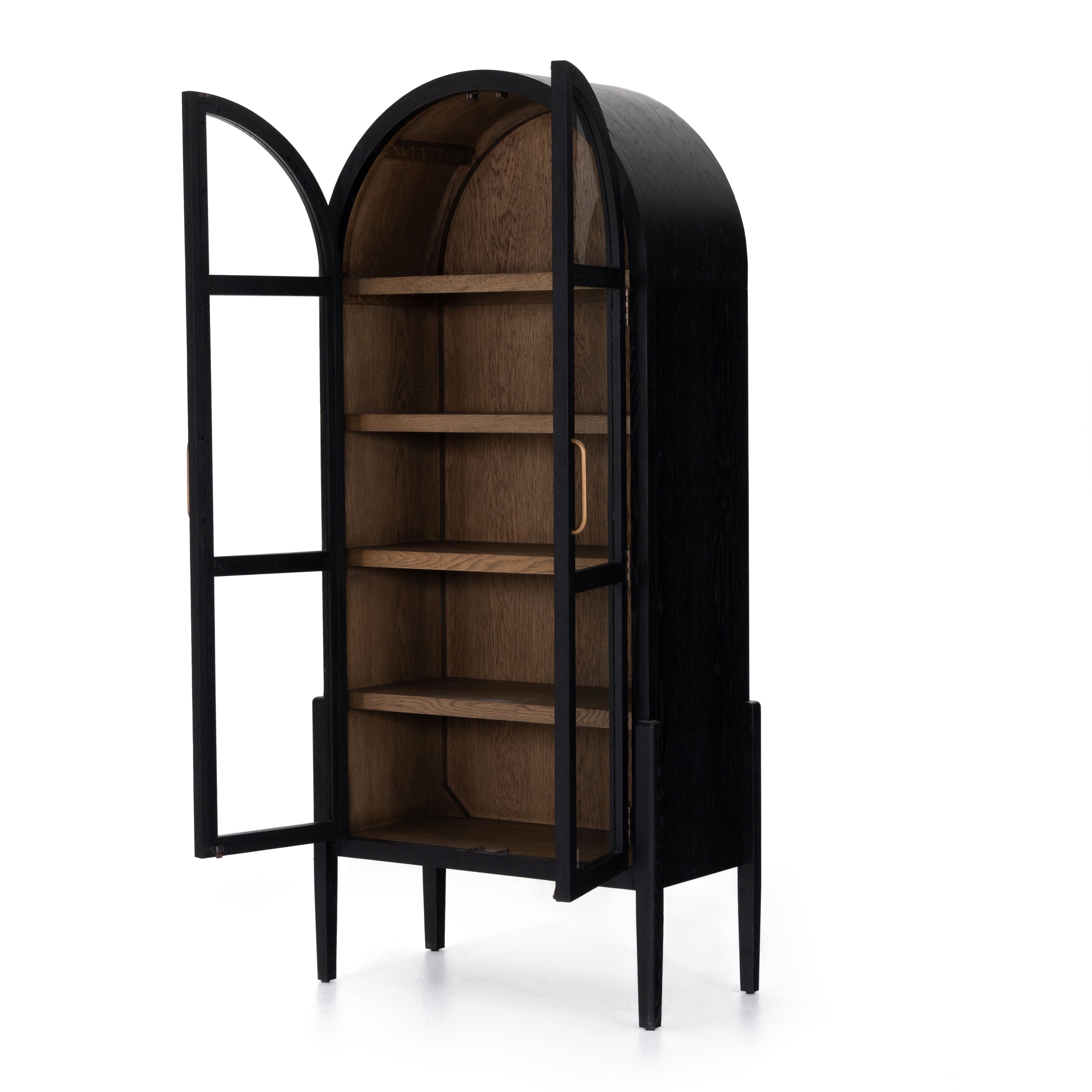 Store it in style with this Tolle Cabinet - Drifted Oak. Beautifully shaped cabinetry of black solid oak features spacious interior shelving and clear glass front, ready for displaying favorite books, photos and treasures in any room!  Overall Dimensions: 38.00"w x 19.00"d x 84.00"h