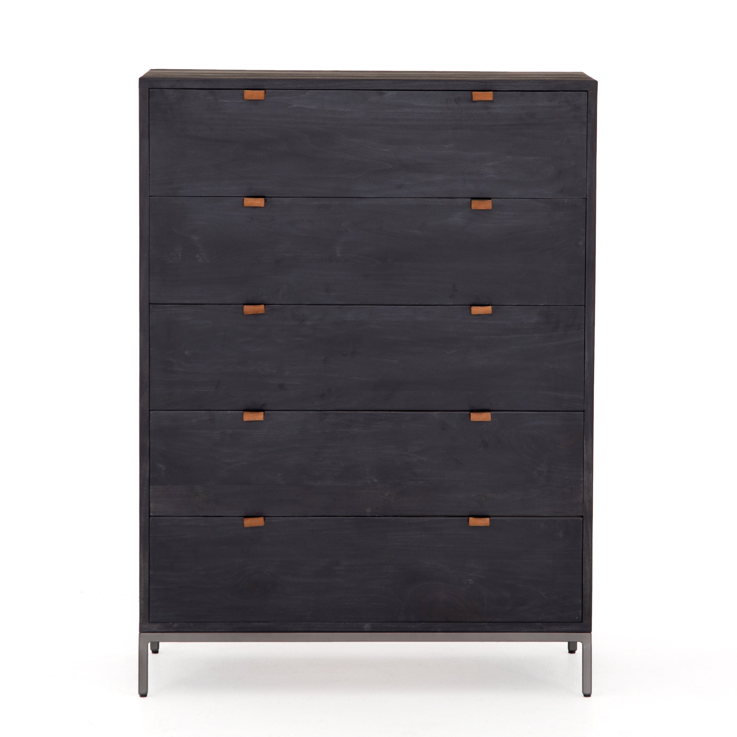 The toffee leather handles of this Trey 5 Drawer Dresser - Black Wash Poplar bring a classy pop of color and texture to the space. A stylish dresser of black-washed poplar offers plenty of bedroom storage space thanks to five spacious drawers.   Overall Dimensions: 36.00"w x 18.00"d x 49.00"h