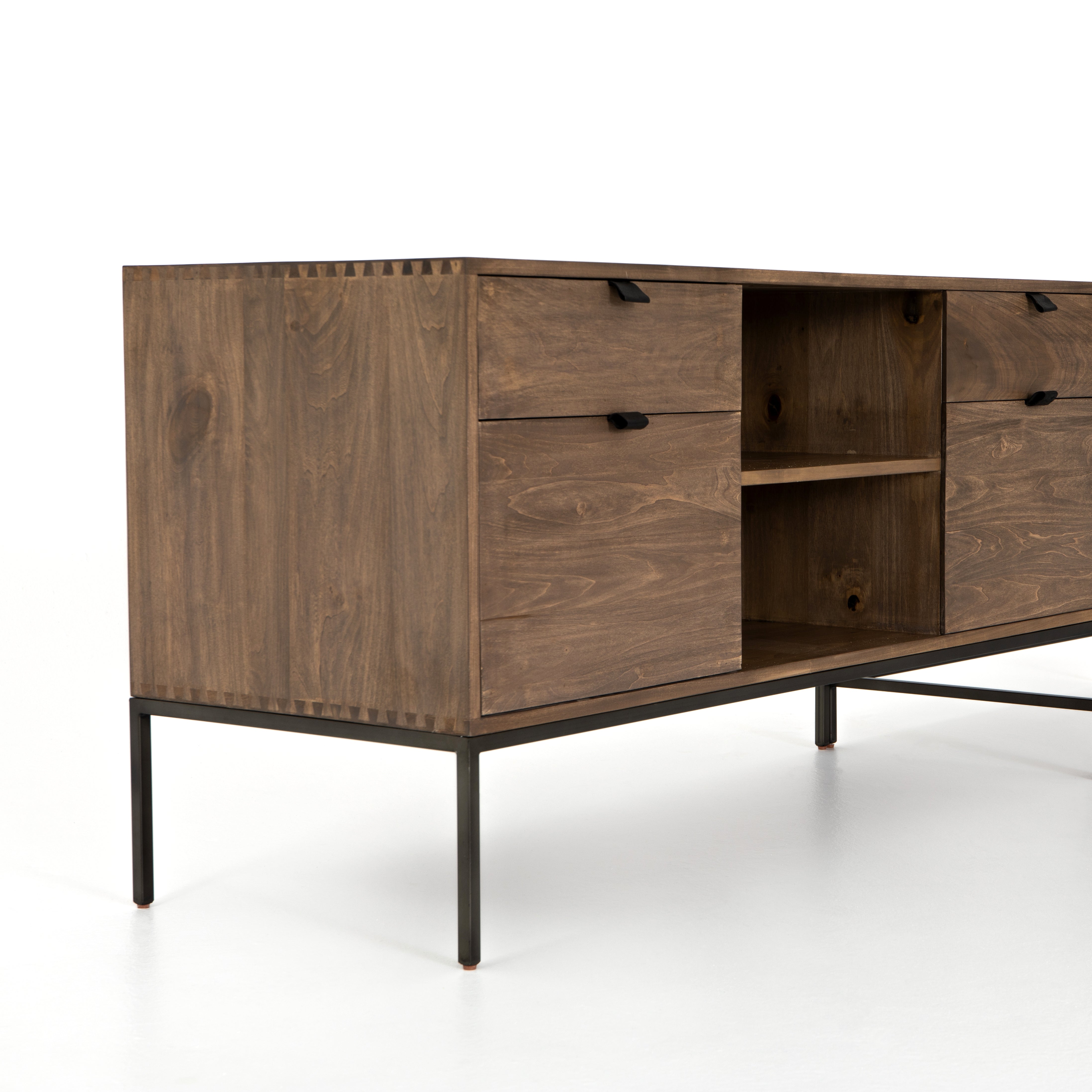 This Trey Desk System - Auburn Poplar offers plenty of desk storage by way of three spacious drawers. Metal-secured leather pulls add a textural element of surprise to the drawers for handy storage of legal and letter sized documents - a must have for any office space!