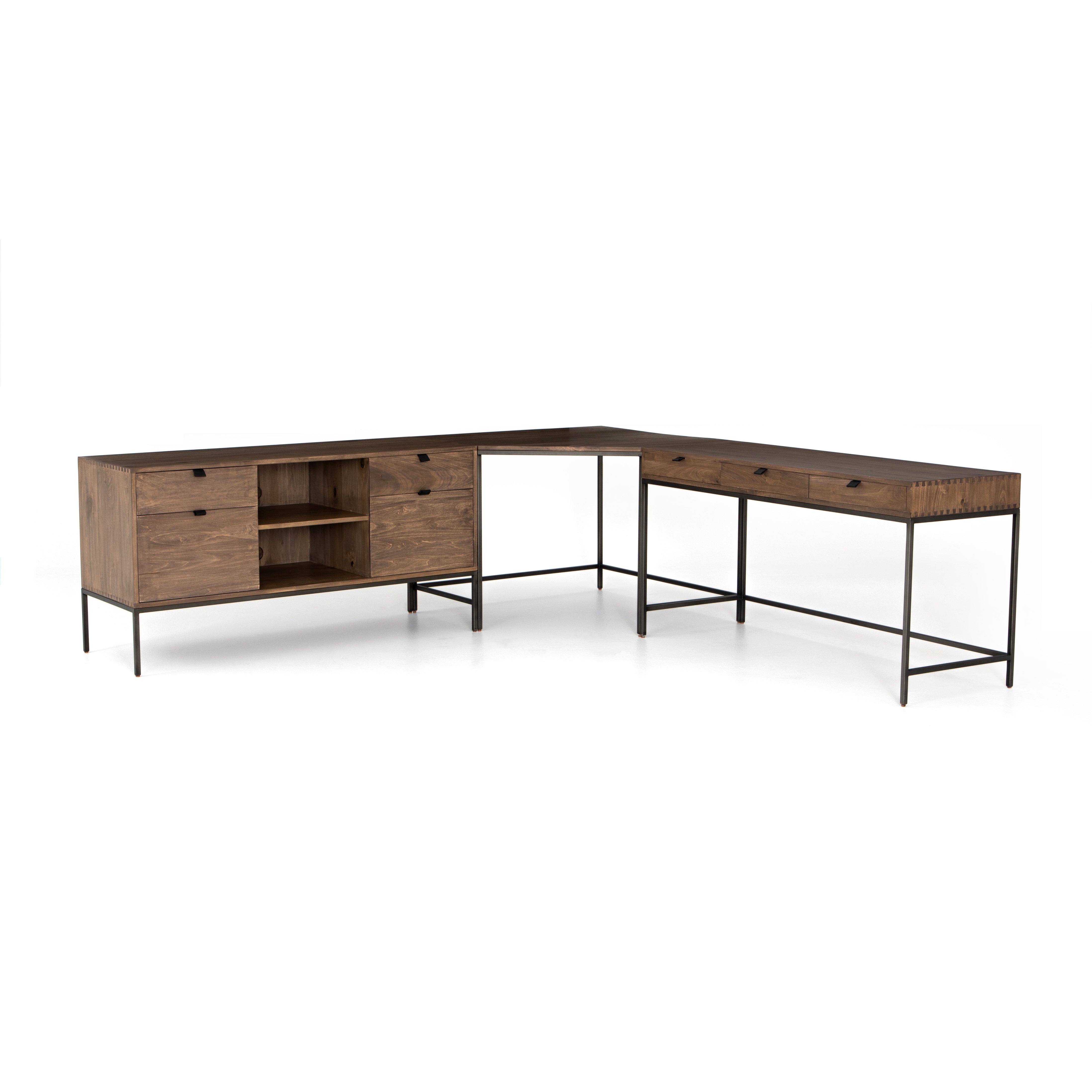 This Trey Desk System - Auburn Poplar offers plenty of desk storage by way of three spacious drawers. Metal-secured leather pulls add a textural element of surprise to the drawers for handy storage of legal and letter sized documents - a must have for any office space!