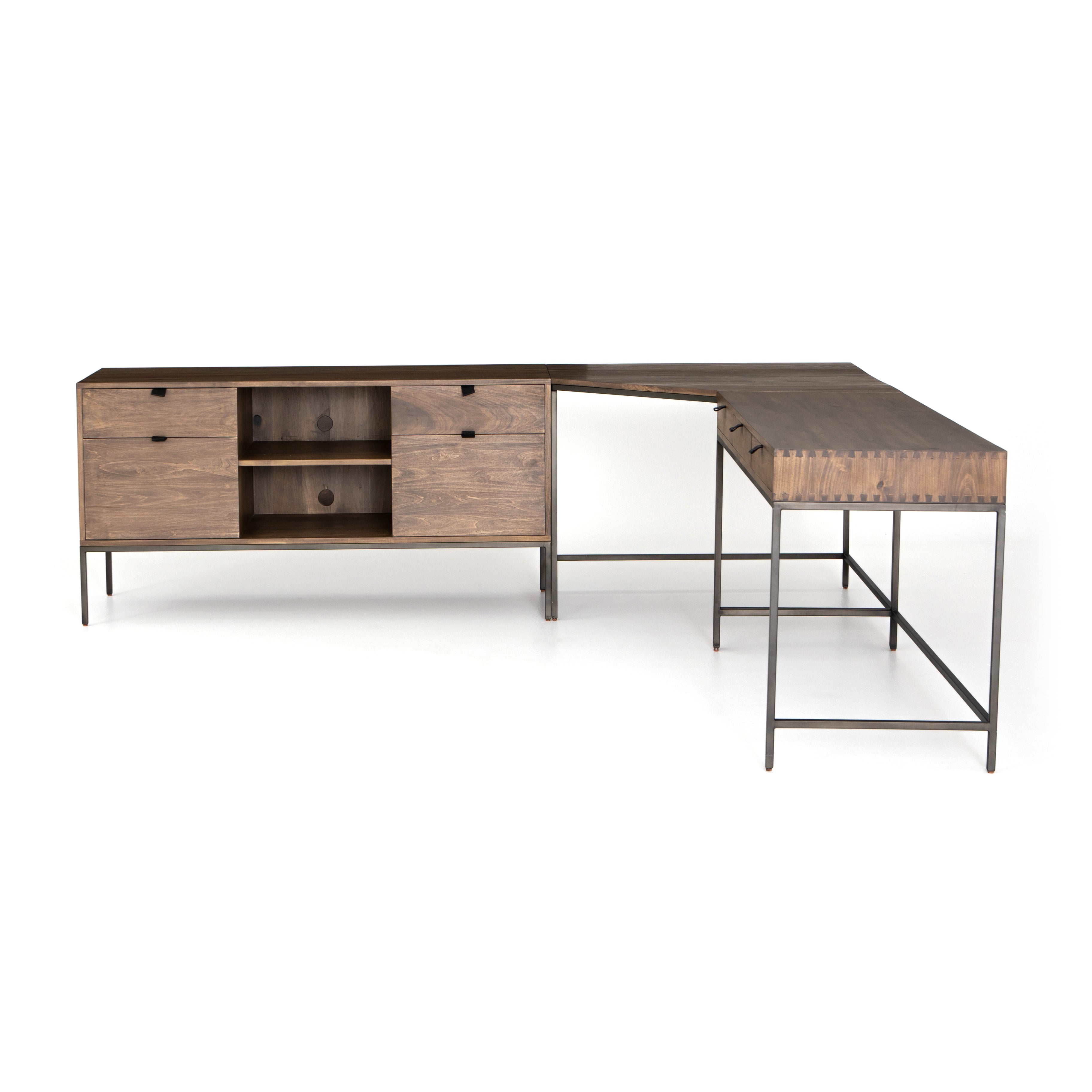 This Trey Desk System - Auburn Poplar offers plenty of desk storage by way of three spacious drawers. Metal-secured leather pulls add a textural element of surprise to the drawers for handy storage of legal and letter sized documents - a must have for any office space!