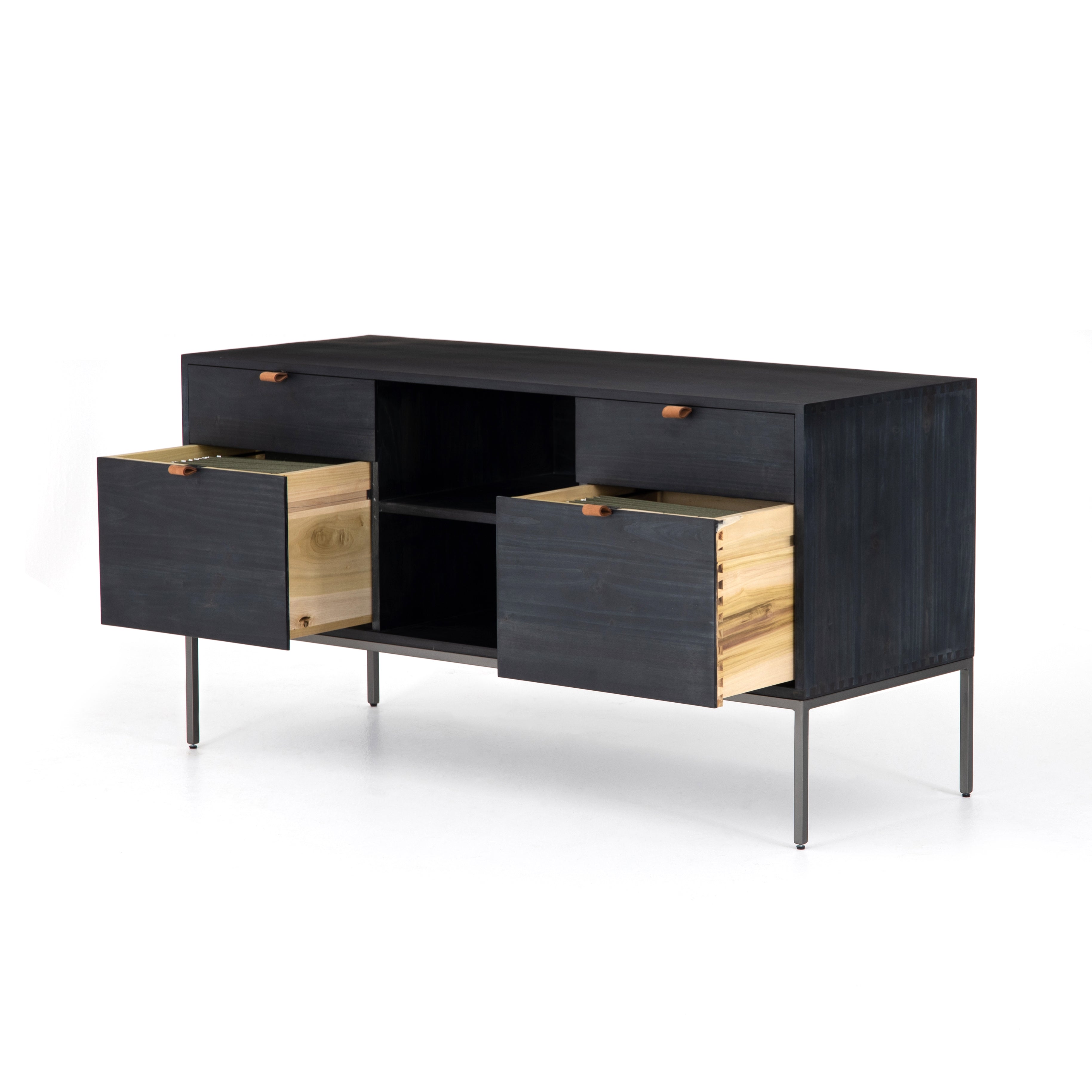 Featuring Trey Modular Filing Credenza - Black Poplar by Four Hands at Amethyst Home. Inspired by clean mid-century design, this Trey Modular Filing Credenza - Black Poplar brings generous storage space to the modern office, with a fully finished back pus metal-secured leather pulls for an element of surprise. Great solo or paired with matching desk or fi.  Amethyst Home provides interior design, new home construction design consulting, vintage area rugs, and lighting in the Scottsdale metro area.