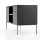 Featuring Trey Modular Filing Credenza - Black Poplar by Four Hands at Amethyst Home. Inspired by clean mid-century design, this Trey Modular Filing Credenza - Black Poplar brings generous storage space to the modern office, with a fully finished back pus metal-secured leather pulls for an element of surprise. Great solo or paired with matching desk or .  Amethyst Home provides interior design, new home construction design consulting, vintage area rugs, and lighting in the Laguna Beach metro area.