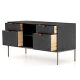 Featuring Trey Modular Filing Credenza - Black Poplar by Four Hands at Amethyst Home. Inspired by clean mid-century design, this Trey Modular Filing Credenza - Black Poplar brings generous storage space to the modern office, with a fully finished back pus metal-secured leather pulls for an element of surprise. Great solo or paired with matching desk or filing .  Amethyst Home provides interior design, new home construction design consulting, vintage area rugs, and lighting in the Tampa metro area.