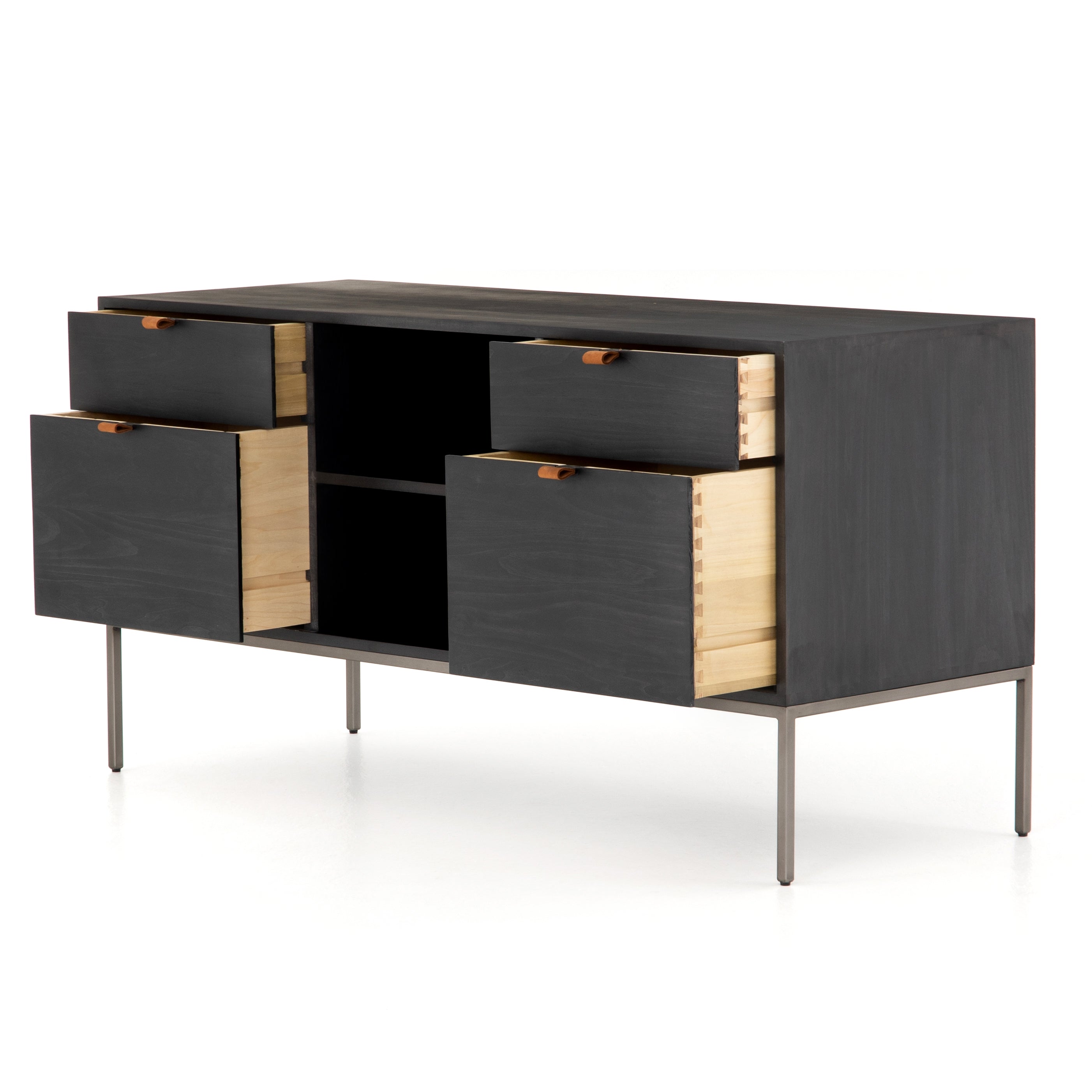 Featuring Trey Modular Filing Credenza - Black Poplar by Four Hands at Amethyst Home. Inspired by clean mid-century design, this Trey Modular Filing Credenza - Black Poplar brings generous storage space to the modern office, with a fully finished back pus metal-secured leather pulls for an element of surprise. Great solo or paired with matching desk or filing .  Amethyst Home provides interior design, new home construction design consulting, vintage area rugs, and lighting in the Tampa metro area.