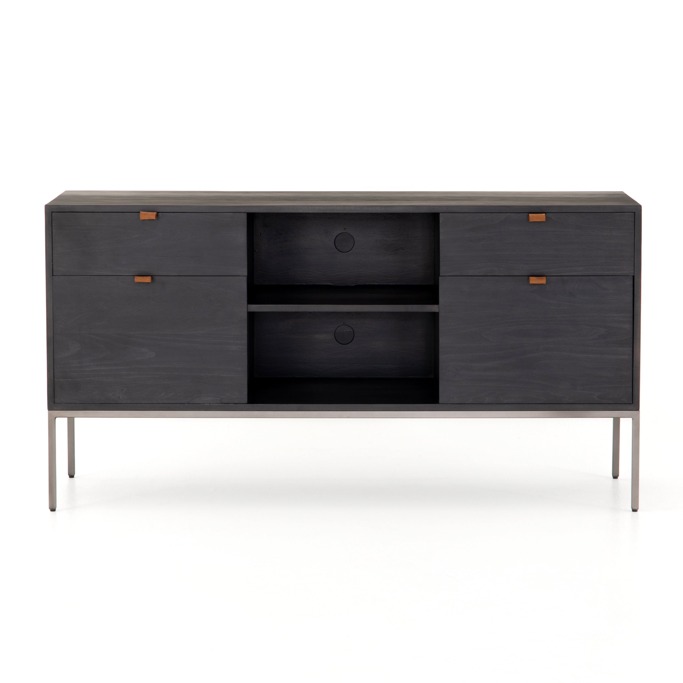 Inspired by clean mid-century design, this Trey Modular Filing Credenza - Black Poplar brings generous storage space to the modern office, with a fully finished back pus metal-secured leather pulls for an element of surprise. Great solo or paired with matching desk or filing cabinet.  Overall Dimensions: 59.75"w x 22.00"d x 31.25"h