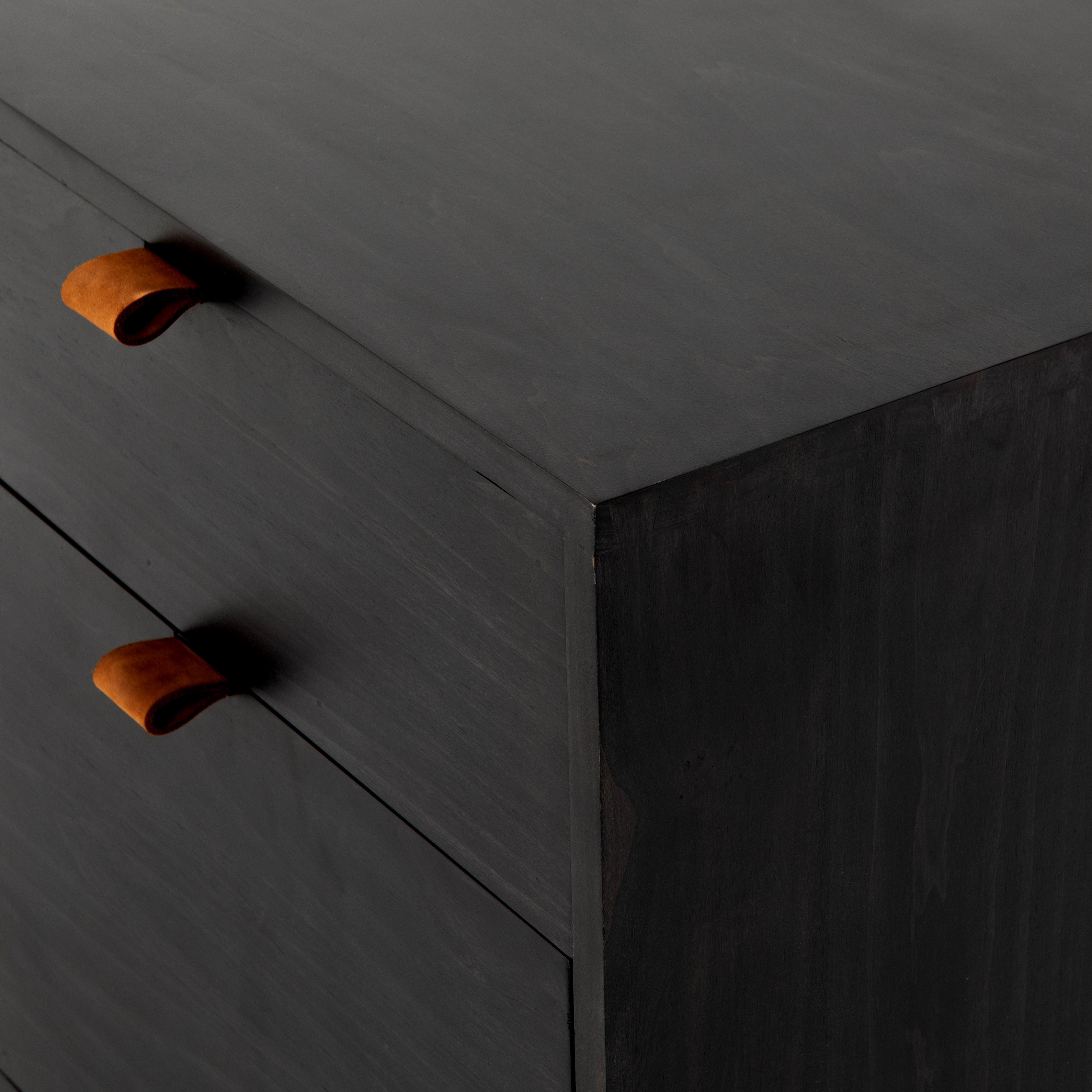 Inspired by clean mid-century design, this Trey Modular Filing Credenza - Black Poplar brings generous storage space to the modern office, with a fully finished back pus metal-secured leather pulls for an element of surprise. Great solo or paired with matching desk or filing cabinet.  Overall Dimensions: 59.75"w x 22.00"d x 31.25"h