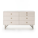 This Van 7 Drawer Dresser - Matte Alabaster is finished in a dreamy off-white and aged-brass finished hardware to finish the look. This features five spacious drawers and two smaller velvet-lined drawers perfect for storing your favorite jewelry.   Overall Dimensions: 58.00"w x 19.00"d x 33.00"h