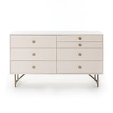 This Van 7 Drawer Dresser - Matte Alabaster is finished in a dreamy off-white and aged-brass finished hardware to finish the look. This features five spacious drawers and two smaller velvet-lined drawers perfect for storing your favorite jewelry.   Overall Dimensions: 58.00"w x 19.00"d x 33.00"h