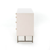 Featuring Van 7 Drawer Dresser - Matte Alabaster by Four Hands at Amethyst Home. This Van 7 Drawer Dresser - Matte Alabaster is finished in a dreamy off-white and aged-brass finished hardware to finish the look. This features five spacious drawers and two smaller velvet-lined drawers perfect for storing your favorite jewelry. 
Overall Dimensions: 58"W x .  Amethyst Home provides interior design, new home construction design consulting, vintage area rugs, and lighting in the Los Angeles metro area.