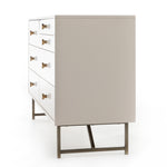 Featuring Van 7 Drawer Dresser - Matte Alabaster by Four Hands at Amethyst Home. This Van 7 Drawer Dresser - Matte Alabaster is finished in a dreamy off-white and aged-brass finished hardware to finish the look. This features five spacious drawers and two smaller velvet-lined drawers perfect for storing your favorite jewelry. 
Overall Dimensions: 58"W x.  Amethyst Home provides interior design, new home construction design consulting, vintage area rugs, and lighting in the Laguna Beach metro area.