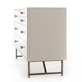Featuring Van 7 Drawer Dresser - Matte Alabaster by Four Hands at Amethyst Home. This Van 7 Drawer Dresser - Matte Alabaster is finished in a dreamy off-white and aged-brass finished hardware to finish the look. This features five spacious drawers and two smaller velvet-lined drawers perfect for storing your favorite jewelry. 
Overall Dimensions: 58"W x.  Amethyst Home provides interior design, new home construction design consulting, vintage area rugs, and lighting in the Laguna Beach metro area.