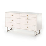 This Van 7 Drawer Dresser - Matte Alabaster is finished in a dreamy off-white and aged-brass finished hardware to finish the look. This features five spacious drawers and two smaller velvet-lined drawers perfect for storing your favorite jewelry.   Overall Dimensions: 58.00"w x 19.00"d x 33.00"h