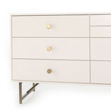 Featuring Van 7 Drawer Dresser - Matte Alabaster by Four Hands at Amethyst Home. This Van 7 Drawer Dresser - Matte Alabaster is finished in a dreamy off-white and aged-brass finished hardware to finish the look. This features five spacious drawers and two smaller velvet-lined drawers perfect for storing your favorite jewelry. 
Overall Dimensions: 58"W x 19"L .  Amethyst Home provides interior design, new home construction design consulting, vintage area rugs, and lighting in the Boston metro area.