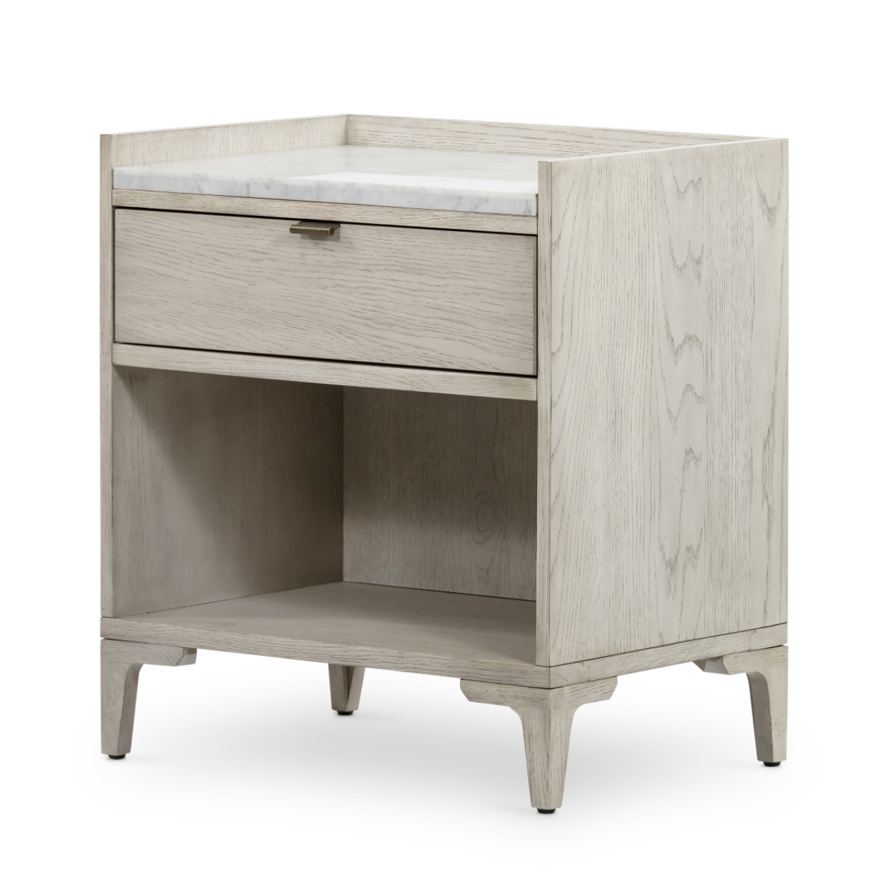 We love the white marble top of this Viggo Nightstand - Vintage White Oak. Made from oak veneer and finished with a dry hand, this brings a farmhouse, vintage feel to any bedroom!  Overall Dimensions: 24.50"w x 17.00"d x 27.00"h