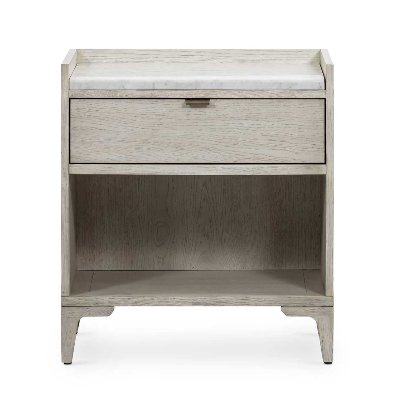 We love the white marble top of this Viggo Nightstand - Vintage White Oak. Made from oak veneer and finished with a dry hand, this brings a farmhouse, vintage feel to any bedroom!  Overall Dimensions: 24.50"w x 17.00"d x 27.00"h