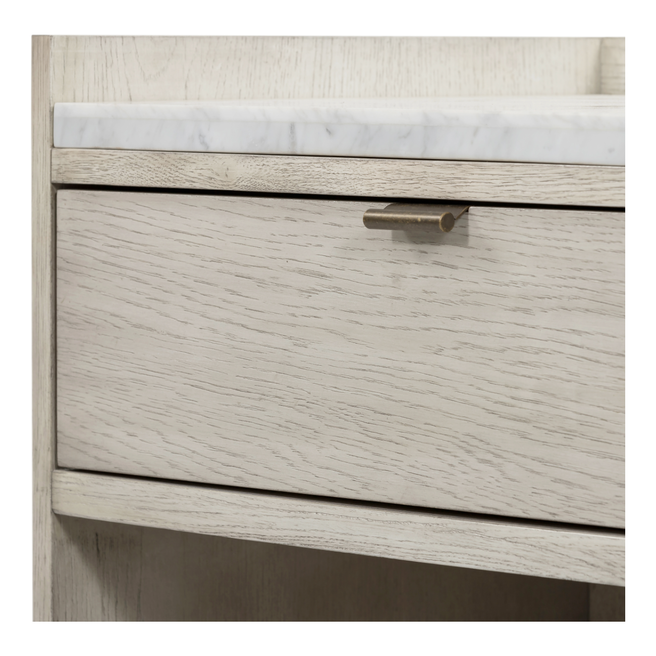 We love the white marble top of this Viggo Nightstand - Vintage White Oak. Made from oak veneer and finished with a dry hand, this brings a farmhouse, vintage feel to any bedroom!  Overall Dimensions: 24.50"w x 17.00"d x 27.00"h