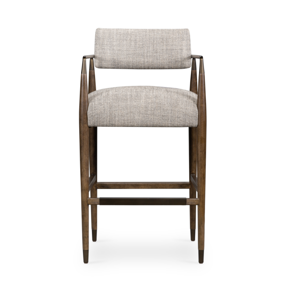 Slim, sculptural style with this Waldon Bar + Counter Stool. Angular framing features a mix of bronze-finished metal and solid rubberwood, for a forward-thinking feel. Textural linen-blend seating adopts an invitingly neutral grey hue to move freely between spaces and styles.