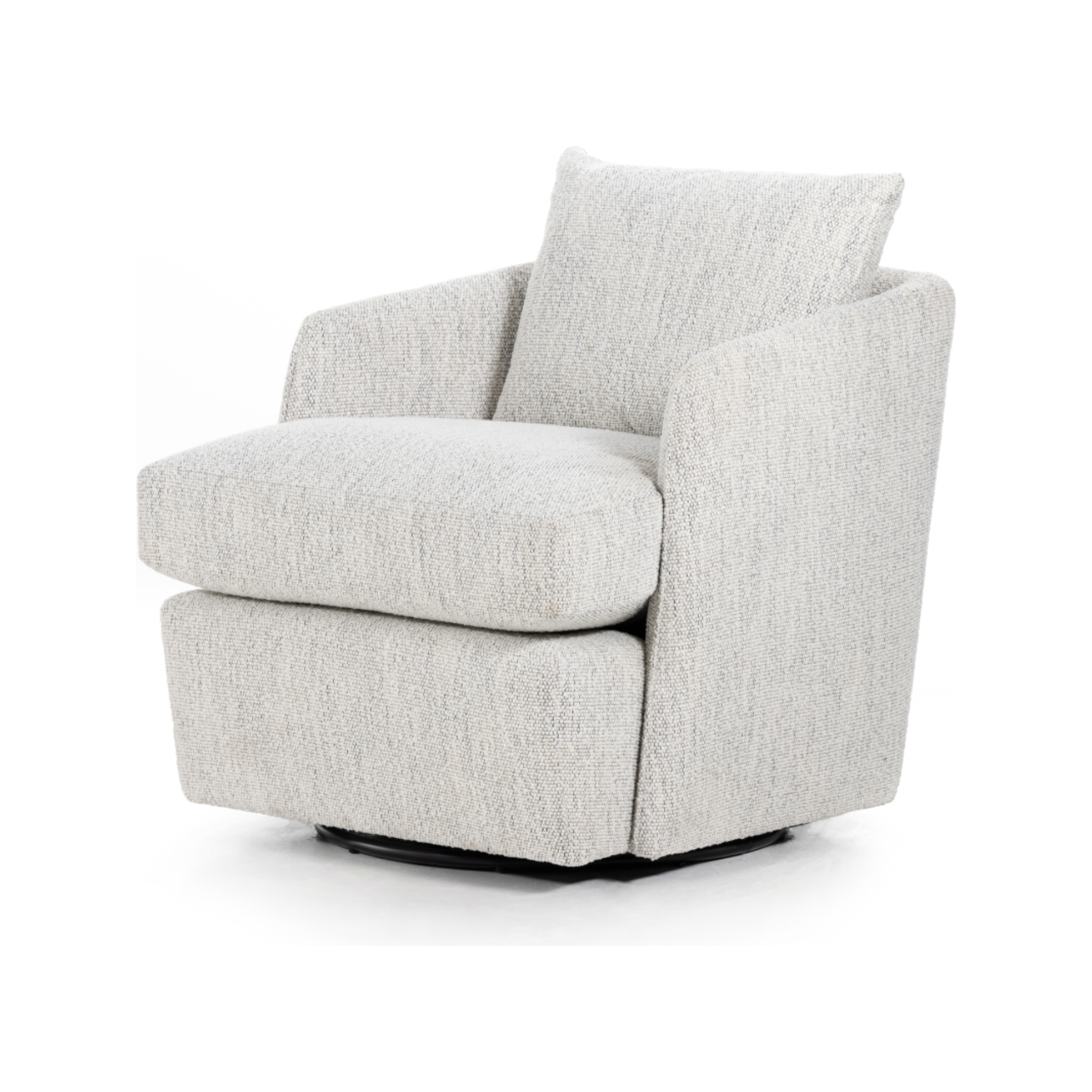 This Whittaker Swivel Chair - Merino Cotton is a comfortable classic. Atop a 360-degree swivel base, well-tailored cotton seating provides a beautifully simple place to perch in style, with feather-blend cushioning for total relaxation -- the perfect chair for a baby room, living room, or other area.   Overall Dimensions: 28.75"w x 35.00"d x 35.50"h