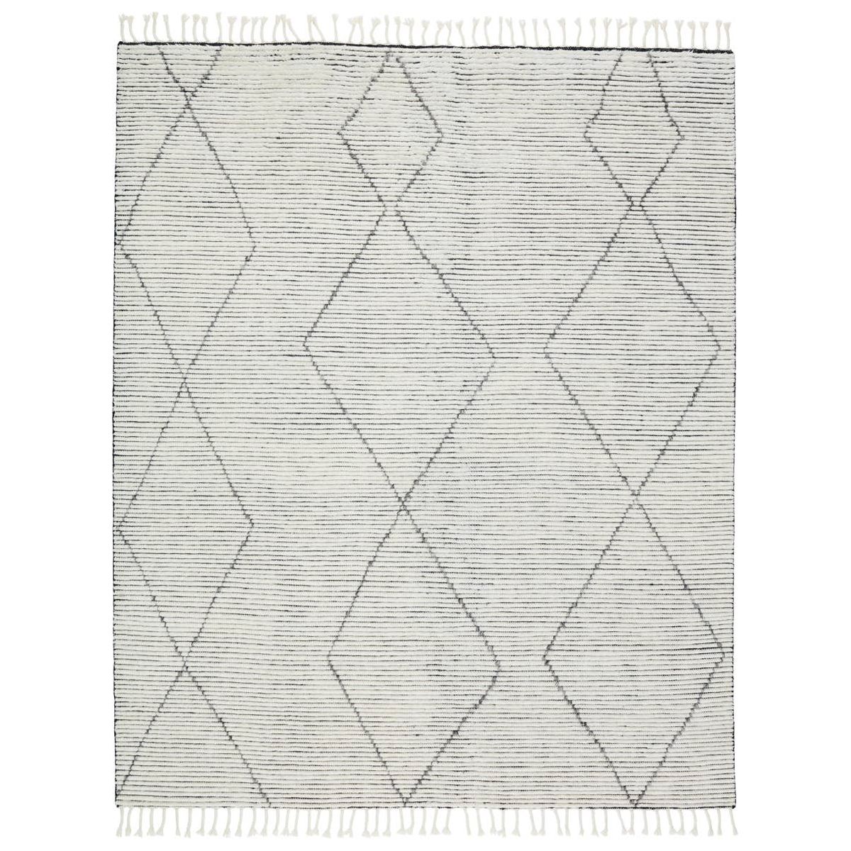 Inspired by textiles from the Tullu region in Morocco, the Alpine brings texture and versatility to both global and modern spaces. Crafted of natural wool, the hand-knotted Ammil rug features a plush, ridged feel and an asymmetrical trellis design in cream and black tones.  Hand-Knotted 100% Wool ALP03 Alpine Ammil Rug