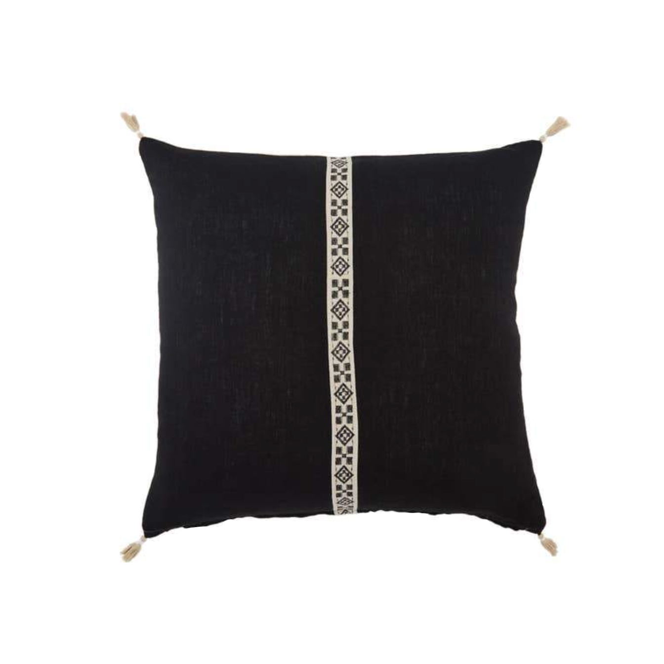 The Loma Pillow has cute tassels found on all four corners with a cute, detail stripe found in the middle. Place on your bed or sofa, this jet black pillow will bring the whole room some texture and pop color. Insert is made with 100% down.   Size: 22" x 22"  100% Linen Zipper Closure India  Professional Cleaning Recommended