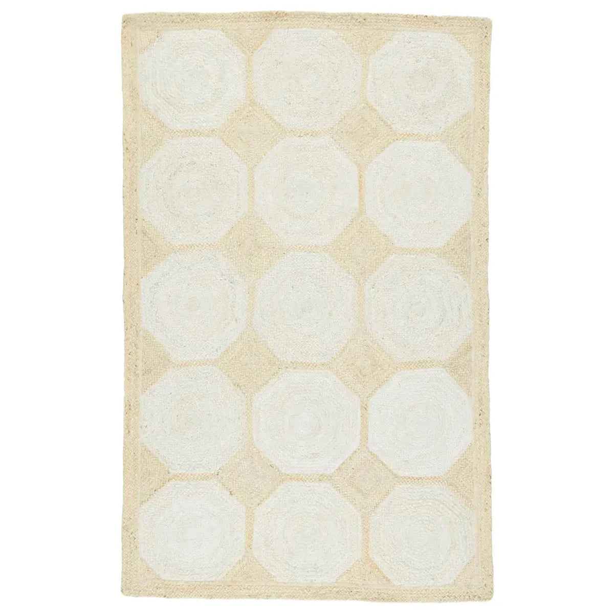 The Naturals Tobago Fiorita Area Rug by Jaipur Living provides a staple to transitional homes with a neutral colorway and organic style. A rectangular border frames the intricately woven, bleached octagonal design for a modern coastal look.