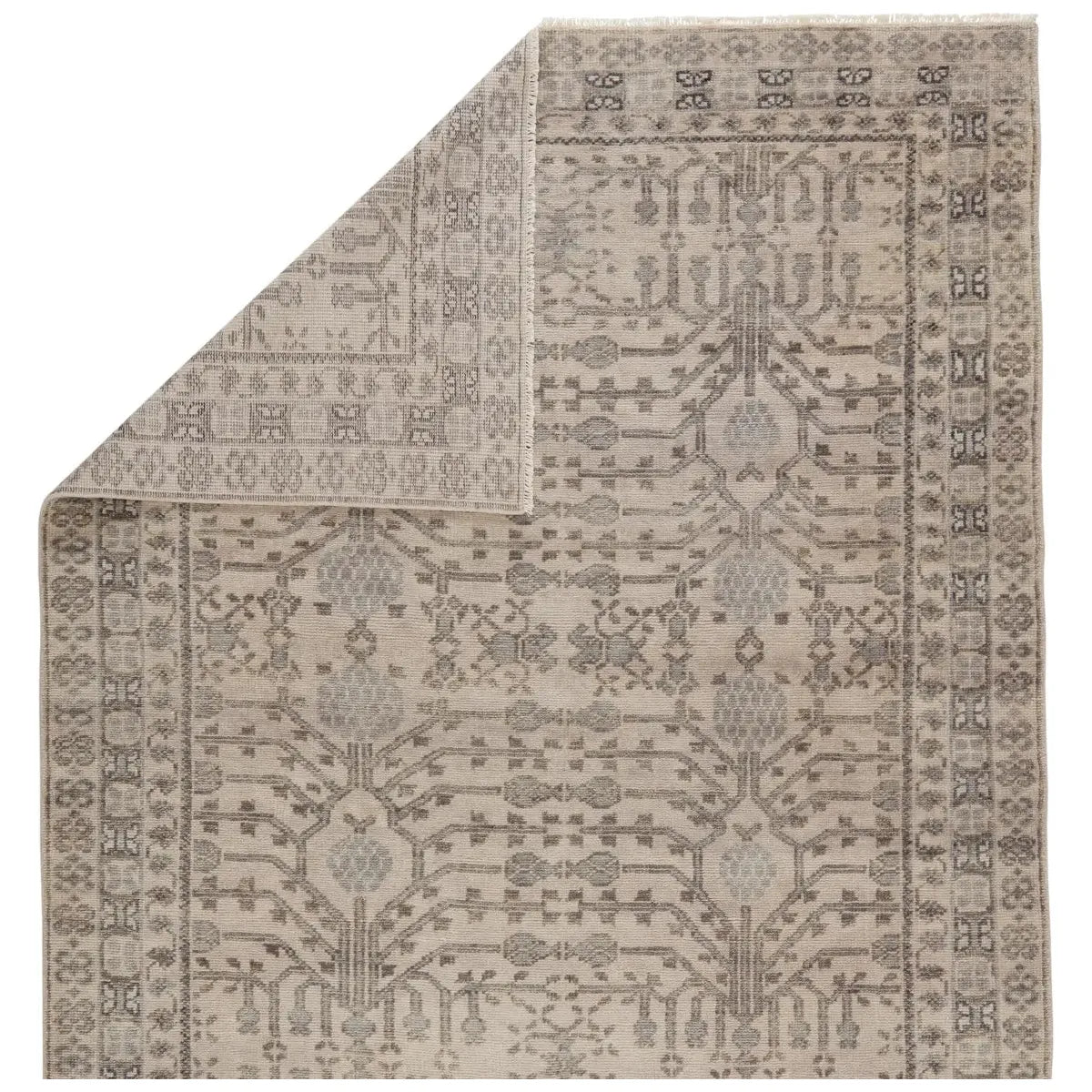 The Salinas Cosimo Area Rug by Jaipur Living is punctuated by traditional, intricate details and a soft, hand-knotted wool construction. This durable, artisan-made rug features a border detail and floral accents in a tonal gray colorway.