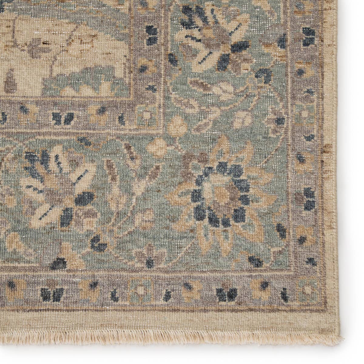 Featuring Tierzah Merey Hand-Knotted Rug by Jaipur Living at Amethyst Home. The vintage-inspired Tierzah Merey Area Rug features an antiqued wash and intricate traditional designs. The Merey wool rug boasts a Persian knot construction and tonal gray and soft beige palette that complements any style. This artisan-made rug features fringe trimmed details fo.  Amethyst Home provides interior design, new home construction design consulting, vintage area rugs, and lighting in the Washington metro area.