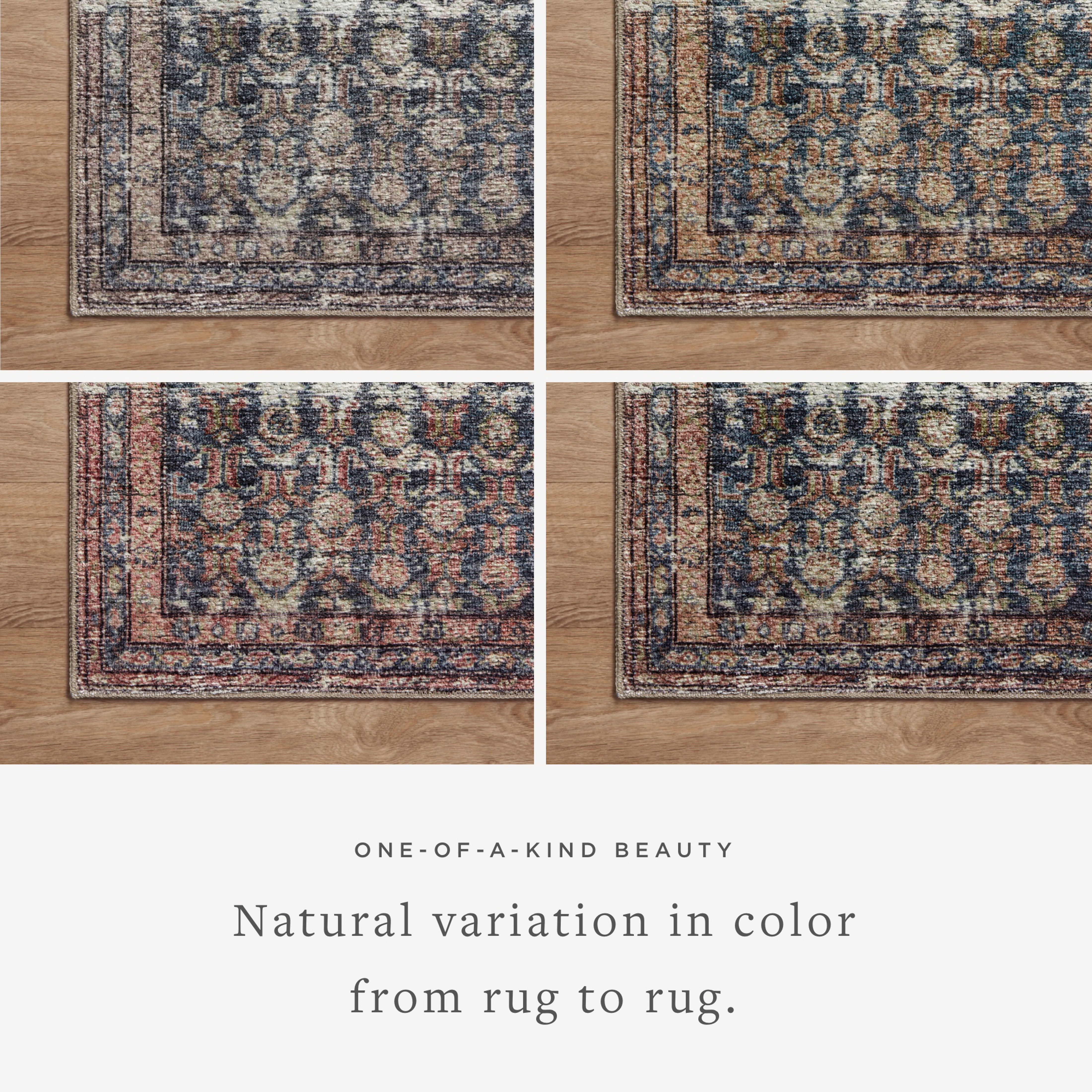 Featuring Billie Amber Lewis x Loloi Ocean / Brick Rug by Loloi at Amethyst Home. Touting richly saturated colors and a distressed pattern, the Billie Collection captures the look of a well-worn antique rug at a remarkable value. Reminiscent of one-of-a-kind rugs, this Amber Lewis x Loloi collection features random variations in color that render no two piece.  Amethyst Home provides interior design, new home construction design consulting, vintage area rugs, and lighting in the Boston metro area.