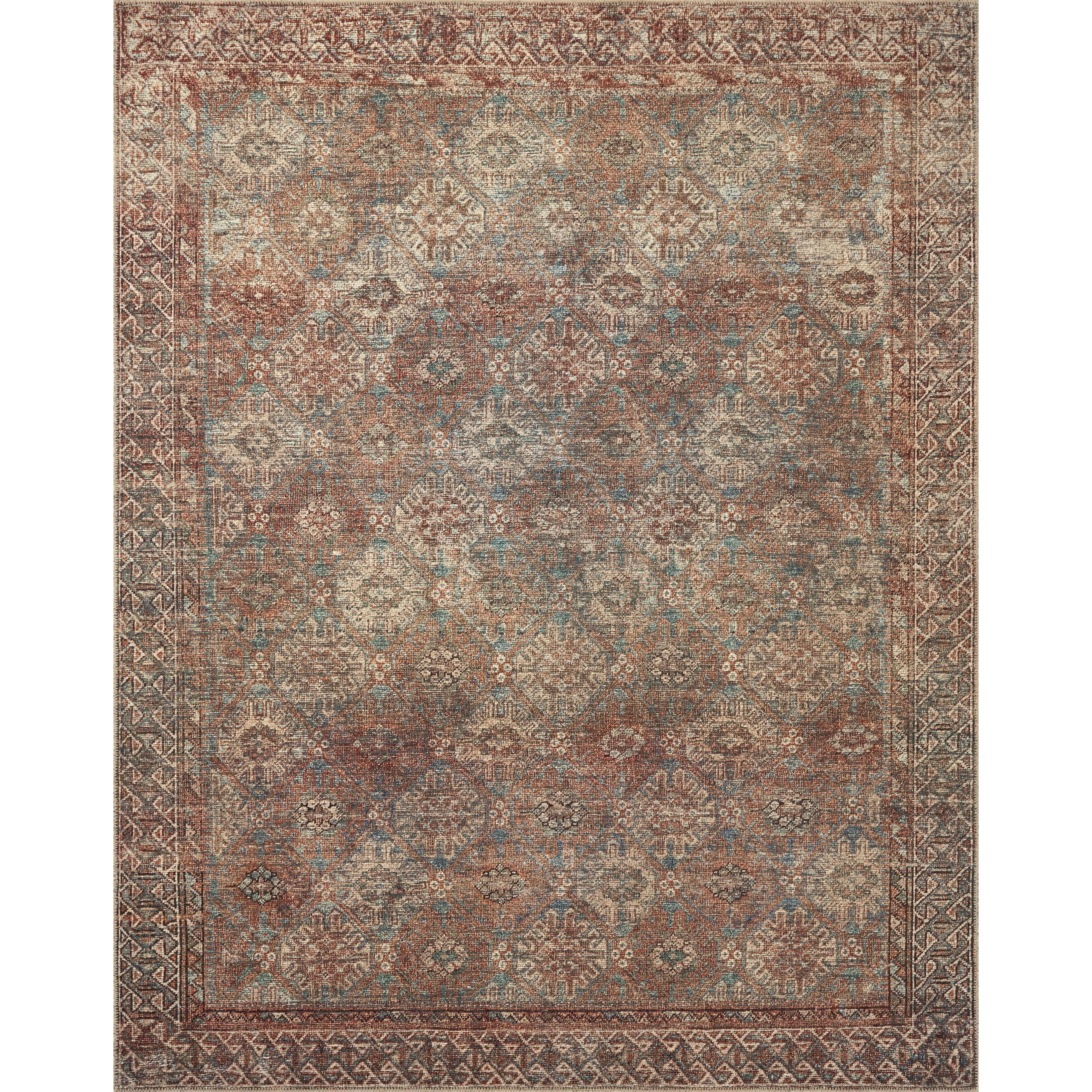 Touting richly saturated colors and a distressed pattern, the Billie Collection captures the look of a well-worn antique rug at a remarkable value. Reminiscent of one-of-a-kind rugs, this Amber Lewis x Loloi collection features random variations in color that render no two pieces exactly alike, creating up to 30% variance in color. BIL-04 AL Aqua / Rust