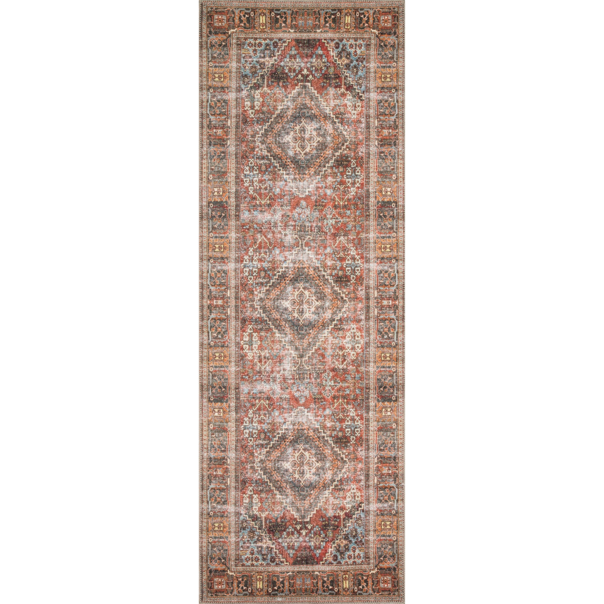 The Loloi Loren Brick / Multi Area Rug, or LQ13, offers vintage hand-knotted looks at an affordable price. This power loomed rug is perfect for living rooms, dining rooms, or other high traffic areas. These printed designs provide a textured effect by portraying every single individual knot on a soft polyester base.