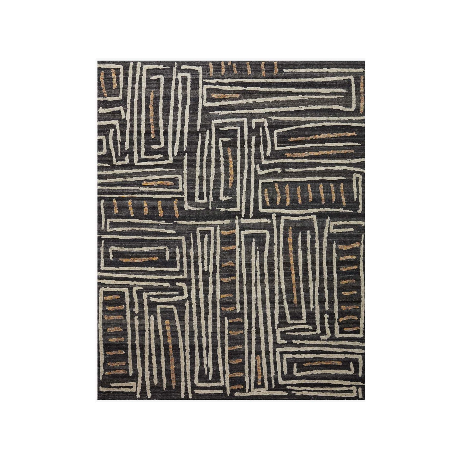 The Naomi Charcoal / Natural Area Rug is hand-knotted of wool and cotton by artisans in India. Naomi offers bold designs with earthy hues and features a high-low pile that adds depth and dimension, making each piece create the illusion of movement. A perfect rug for your living room, entryway, or other  Hand Knotted 89% Wool | 11% Cotton NAO-05 Charcoal/Natural