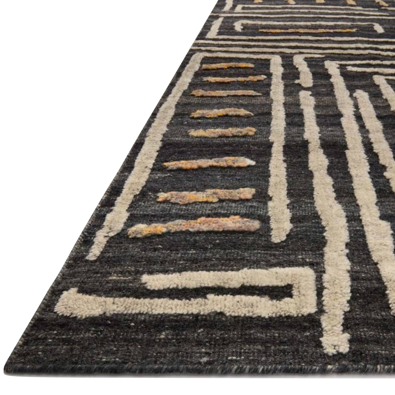 The Naomi Charcoal / Natural Area Rug is hand-knotted of wool and cotton by artisans in India. Naomi offers bold designs with earthy hues and features a high-low pile that adds depth and dimension, making each piece create the illusion of movement. A perfect rug for your living room, entryway, or other  Hand Knotted 89% Wool | 11% Cotton NAO-05 Charcoal/Natural