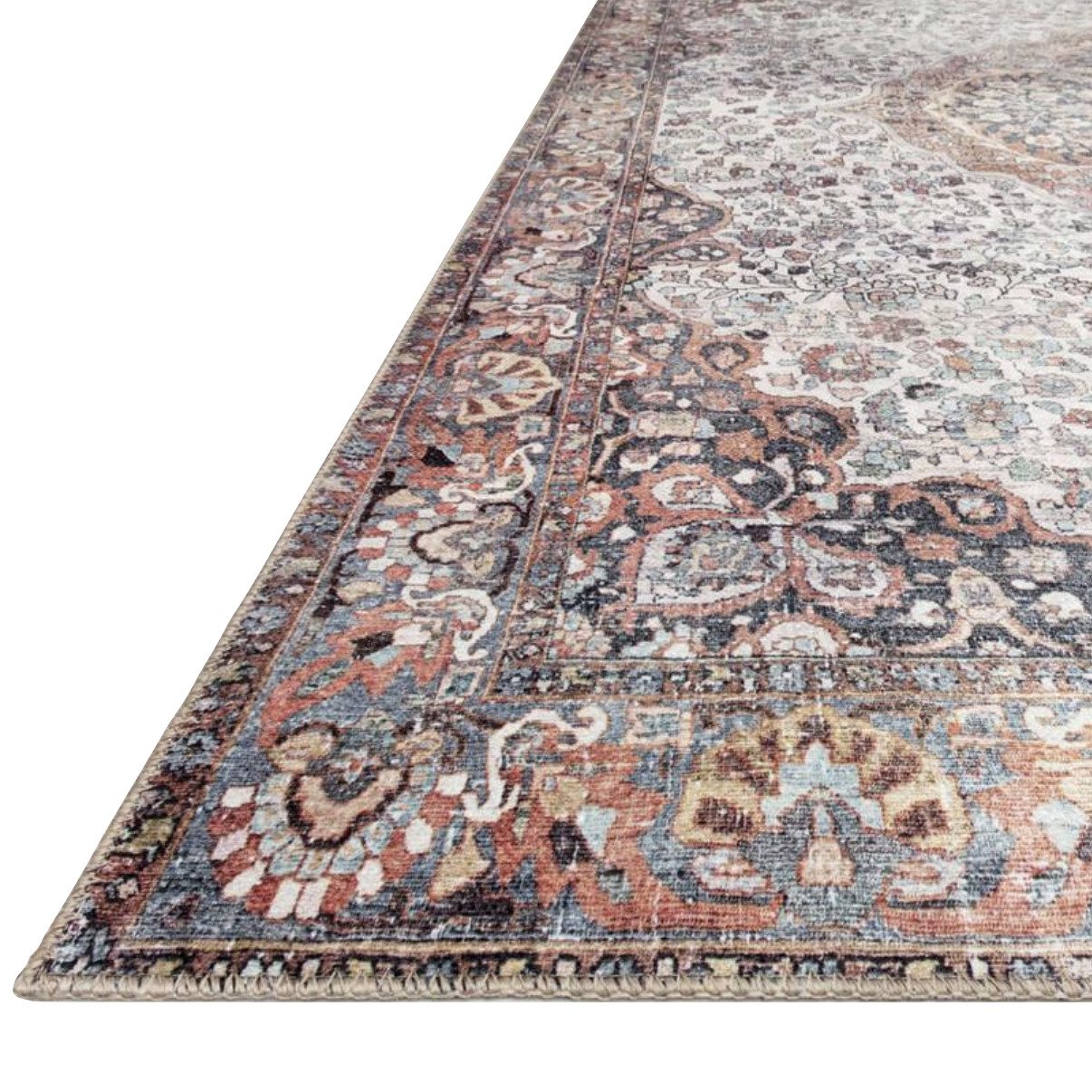 Old soul, new spirit. Power-loomed of 100% polyester, the Wynter Red / Multi area rug showcases a one-of-a-kind vintage or antique area rug look at an affordable price. This rug brings in tones of red, ivory, black, orange, and hints of blue and ideal for high traffic areas due to the rug's durability. The rug is perfect for living rooms, dining rooms, kitchens, hallways, and entryways.  Power Loomed 100% Polyester WYN-01 Red/Multi Colors: Red, Ivory, Blue, Black, Orange