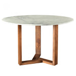 With a solid Satwaria marble tabletop, the Jinxx Dining Table - Brown showcases the best of nature's work. Solid Acacia legs form an ergonomic base that allows 4-6 people to sit comfortably around the table.  Size: 48"W x 48"D x 30"H Materials: White Satwaria Marble Top, Solia Acacia Base, MDF