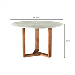 With a solid Satwaria marble tabletop, the Jinxx Dining Table - Brown showcases the best of nature's work. Solid Acacia legs form an ergonomic base that allows 4-6 people to sit comfortably around the table.  Size: 48"W x 48"D x 30"H Materials: White Satwaria Marble Top, Solia Acacia Base, MDF