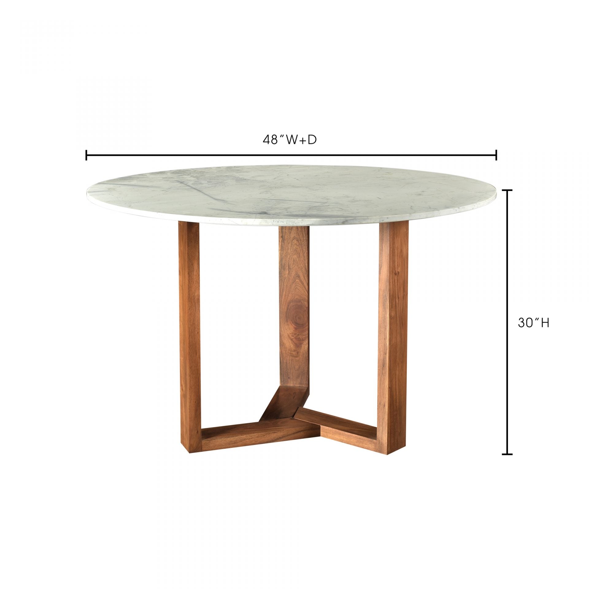 With a solid Satwaria marble tabletop, the Jinxx Dining Table - Brown showcases the best of nature's work. Solid Acacia legs form an ergonomic base that allows 4-6 people to sit comfortably around the table.  Size: 48"W x 48"D x 30"H Materials: White Satwaria Marble Top, Solia Acacia Base, MDF