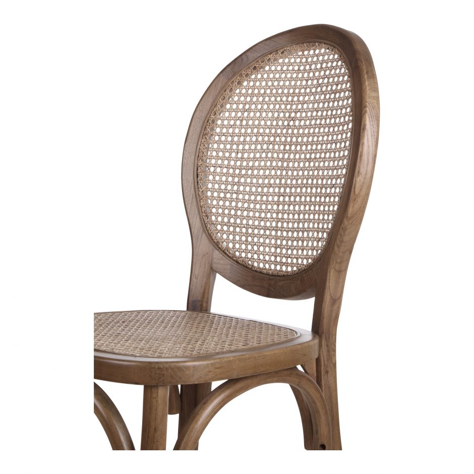 With its classy yet laid back look, the brown Rivalto Dining Chair is designed for a bohemian or mid-century modern home. Its organic design is made from genuine rattan and solid elm wood for a lifelong construction.  Size: 17.7"W x 16.5"D x 37"H"