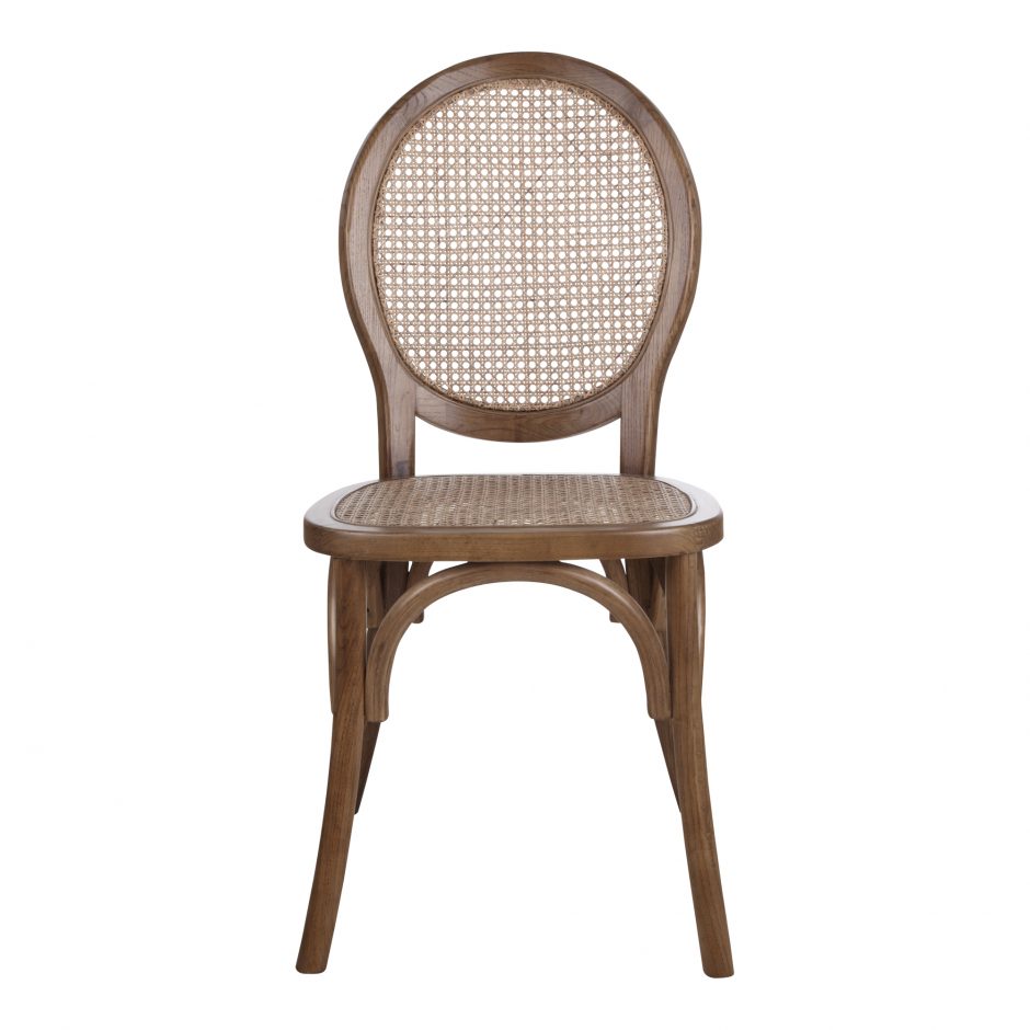 With its classy yet laid back look, the brown Rivalto Dining Chair is designed for a bohemian or mid-century modern home. Its organic design is made from genuine rattan and solid elm wood for a lifelong construction.  Size: 17.7"W x 16.5"D x 37"H"