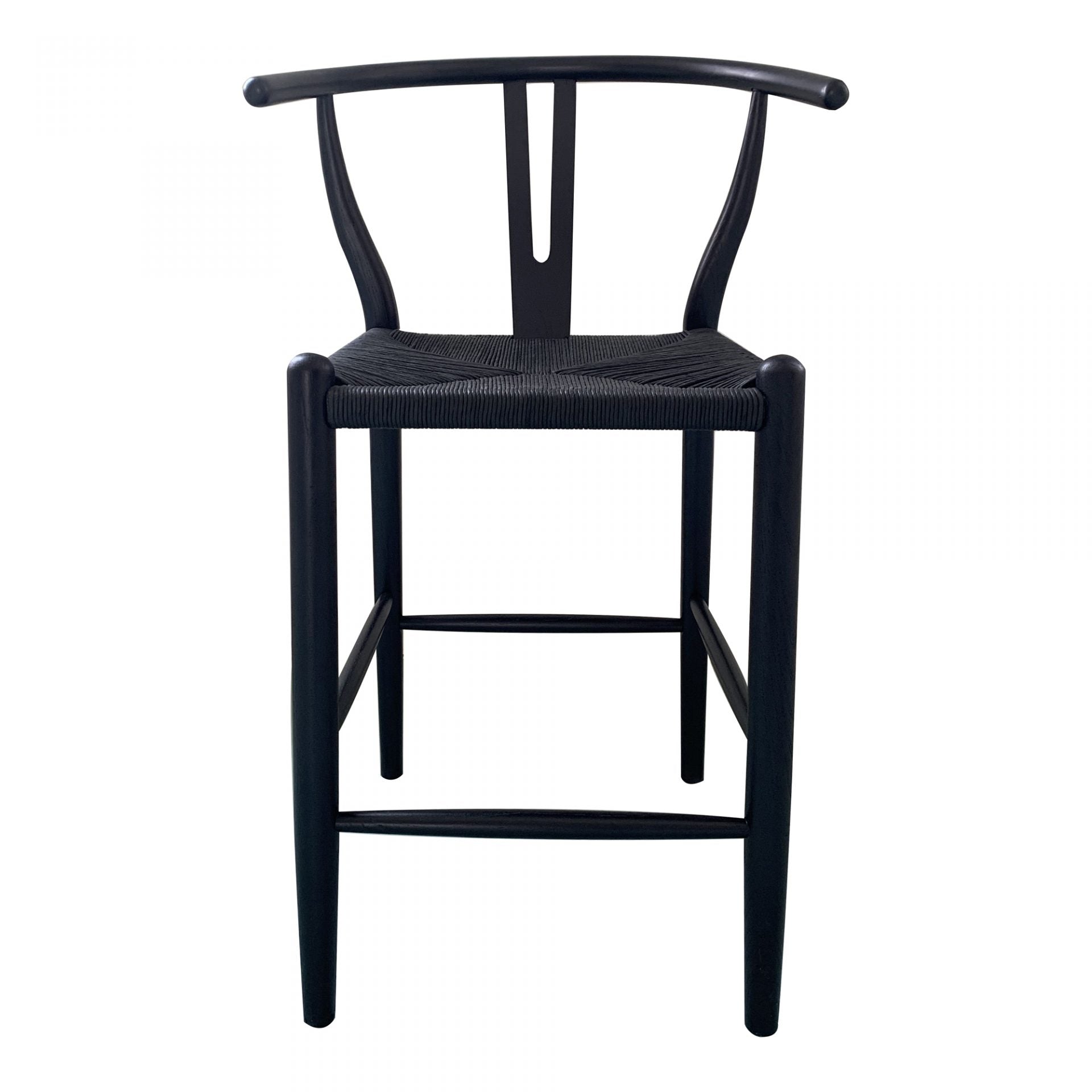 The Ventana Counter + Bar Stool - Black is a simple, sturdy construction with a  contemporary woven paper fiber seat, and convenient wrap around footrest. The stylish seat comprises solid elm wood with a black, semi-gloss finish for a lifelong stool for any kitchen, island, or bar area! 