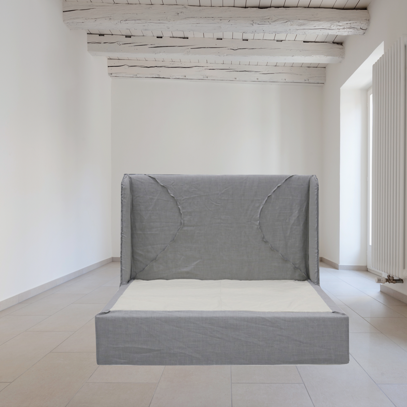 The modern Ivy Bed by Verellen has a gorgeous dual arched inside out stitch with a bar track detail on the headboard. This comfy bed features:  double needle stitch detail sits on glides not used with a box spring available slipcovered or upholstered